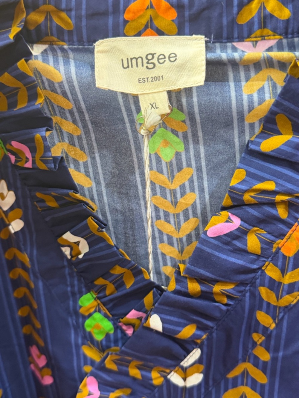 Umgee Navy Ruffle Front Blouse with Yellow Leaf and Multicolor Floral Accents - Picture 2 of 3
